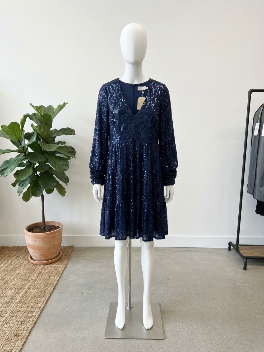 Eliza J Girls' Navy Blue Sequined Long-Sleeve Party Dress